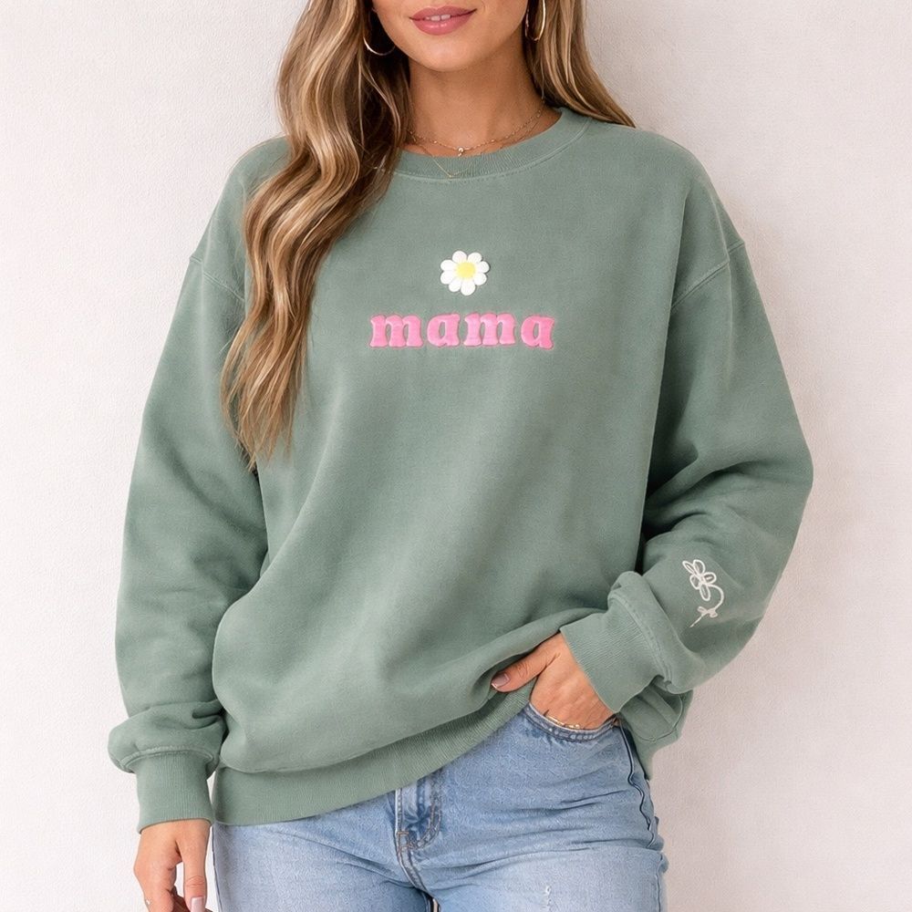 Mama Embroidered Daisy Sweatshirt Sage Green Oversized